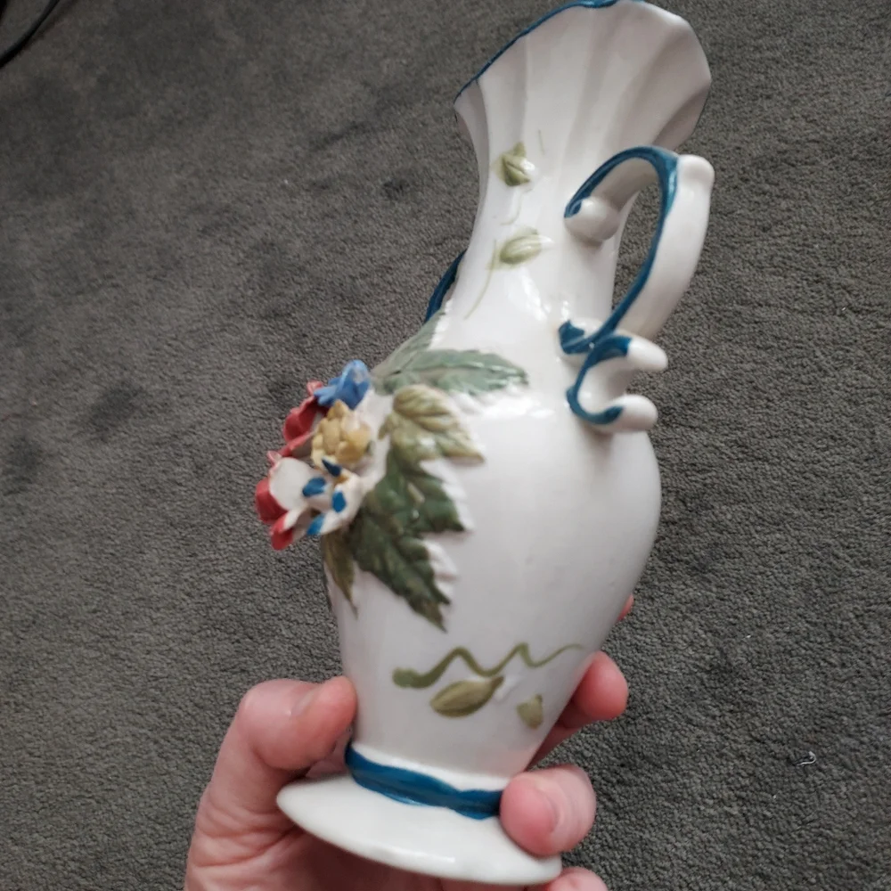 Victorian Style Floral Ceramic Vase with Blue Accents Grandmacore Cottagecore